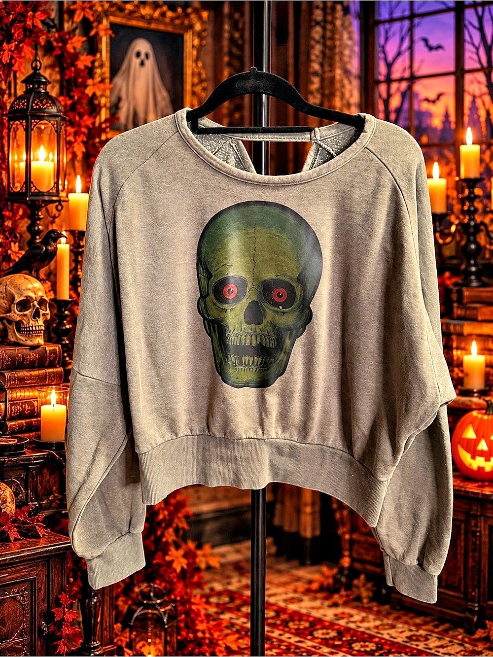 Handmade Upcycle skull graphic crew neck sweatshirt